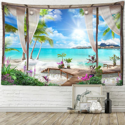 Decobites Coconut Forest Sea View Tapestry Wall Hanging - Aesthetic Home Decor