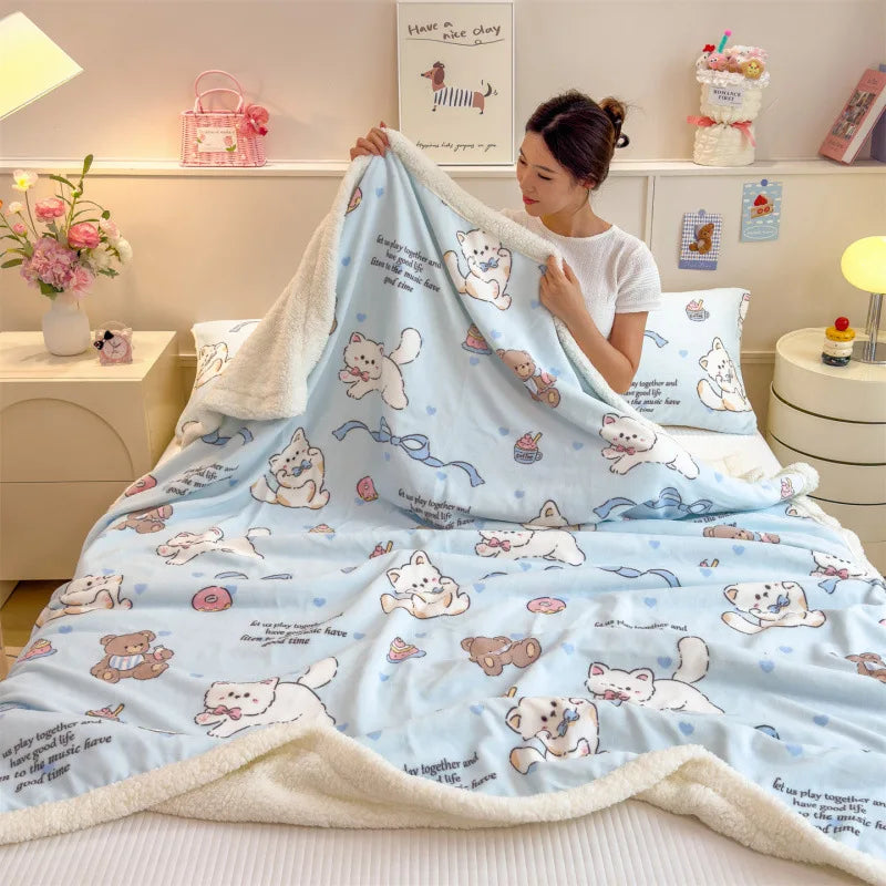 DecorBites™ Cartoon Printed Lamb Wool Blanket: Soft, Skin-Friendly Sofa Cover for All Seasons