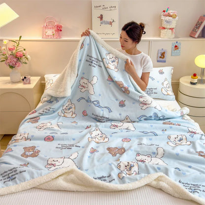 DecorBites™ Cartoon Printed Lamb Wool Blanket: Soft, Skin-Friendly Sofa Cover for All Seasons
