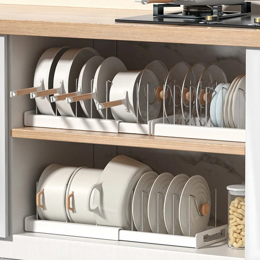 DecorBites™ Kitchen Organizer: Expandable Storage Rack for Cabinets with Drawer and Cutting Board Slot