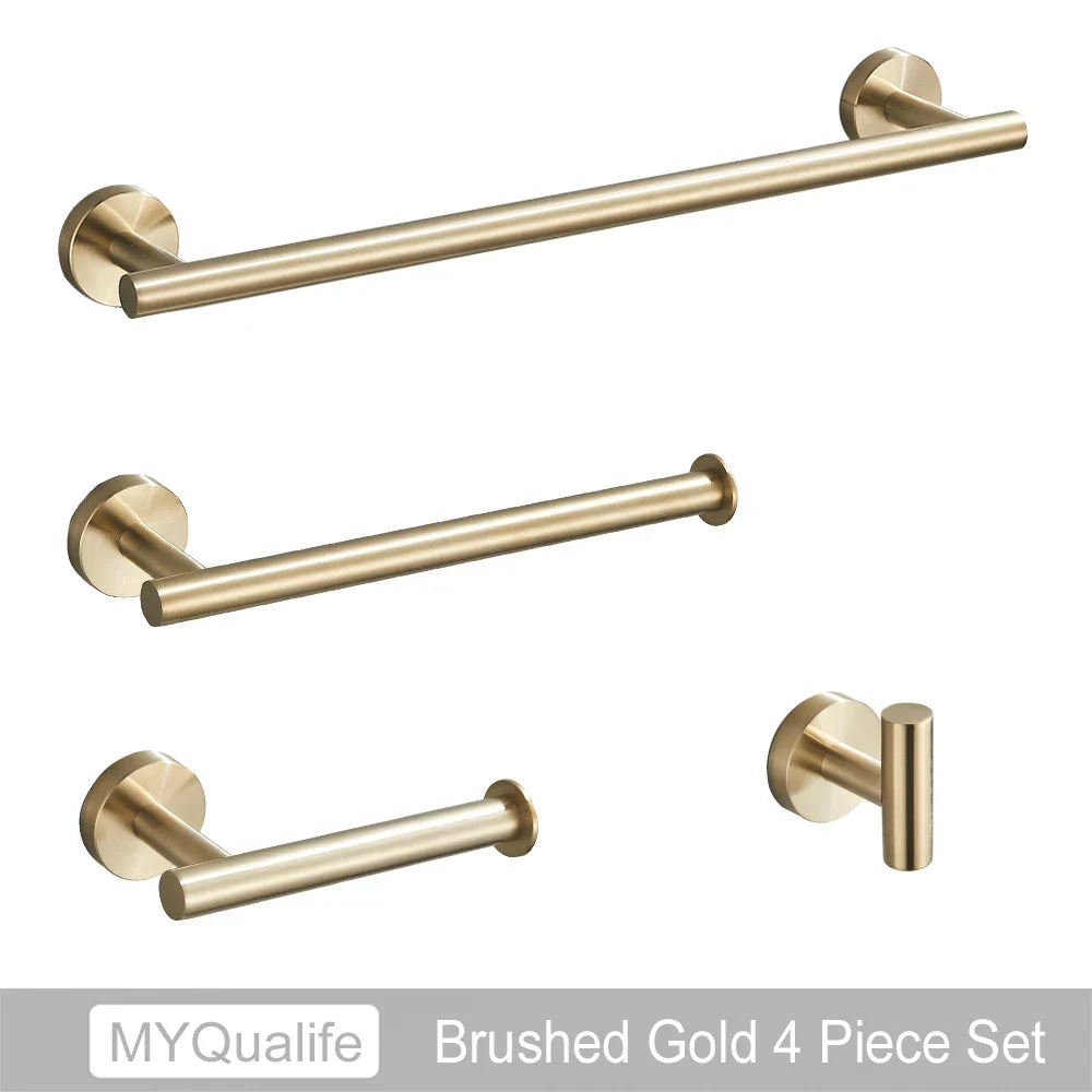 DecorBites™ Brushed Gold Bathroom Hardware Set: Towel Bar, Paper Holder, Robe Hook