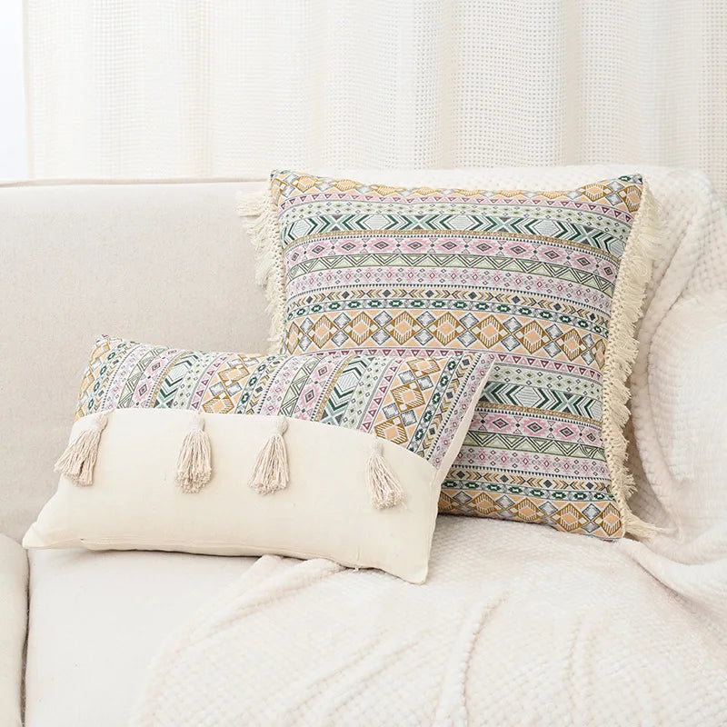 DecorBites™ Handmade Tassel Cushion Cover Retro Jacquard Patchwork Fringed Pillow Cover