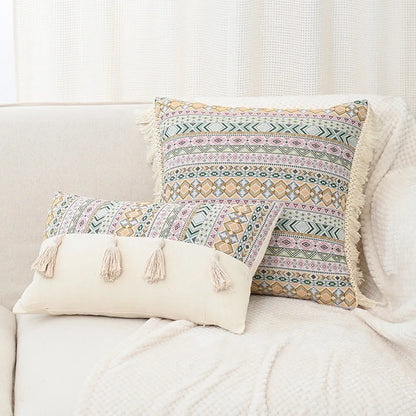 DecorBites™ Handmade Tassel Cushion Cover Retro Jacquard Patchwork Fringed Pillow Cover