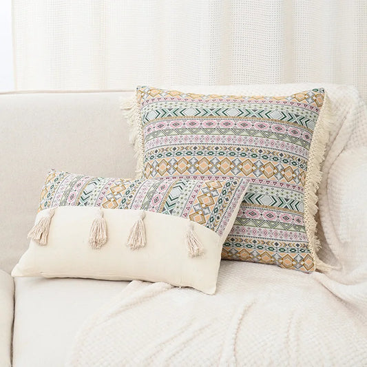DecorBites™ Handmade Tassel Cushion Cover Retro Jacquard Patchwork Fringed Pillow Cover