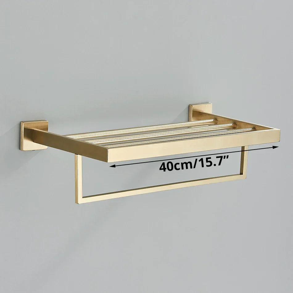 DecorBites™ Brushed Gold Bathroom Set: Towel Bar, Robe Hook, Shelf, Tissue Holder & Accessories