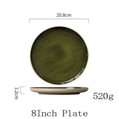DecorBites™ Green Ceramic Dinner Plate - Retro Shallow Pasta Plate, Salad Sushi Plate, Steak Plate - Set of 4