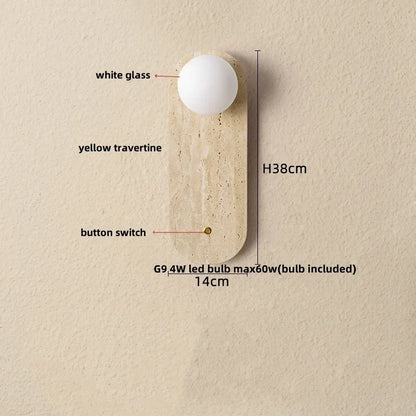 Lámpara de pared LED DecorBites™ con 2 bolas de cristal, blanca y amarilla, de piedra travertino. Luz interior.