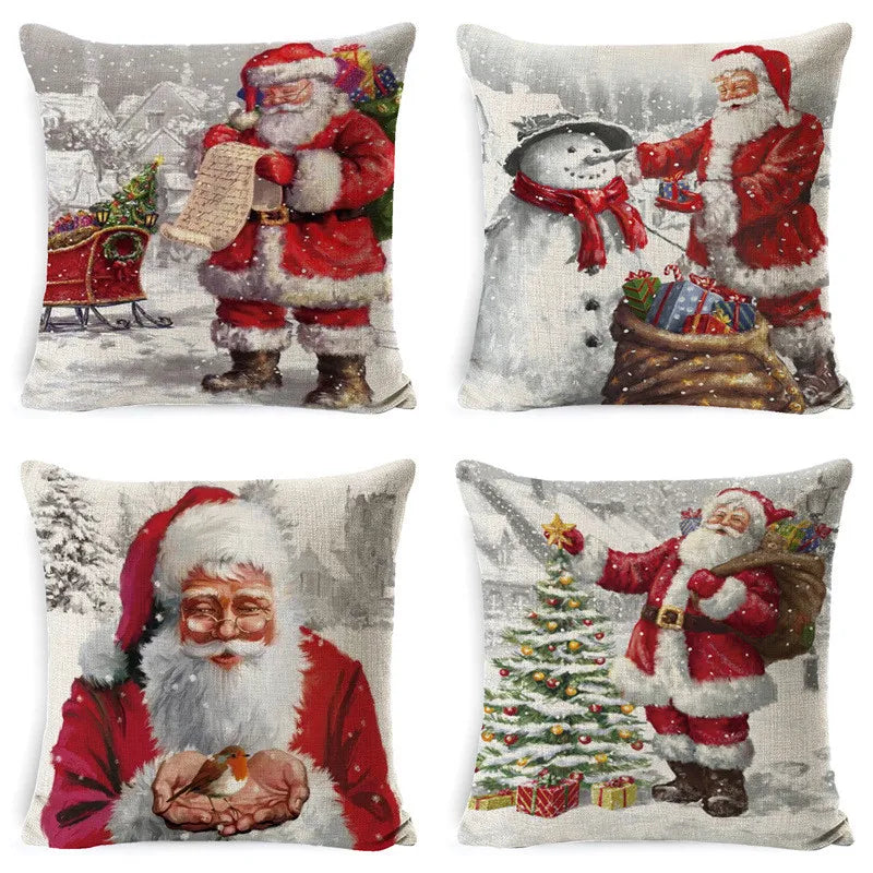 DecorBites™ Christmas Snowman & Santa Claus Linen Pillow Cover for Festive Living Room Decor