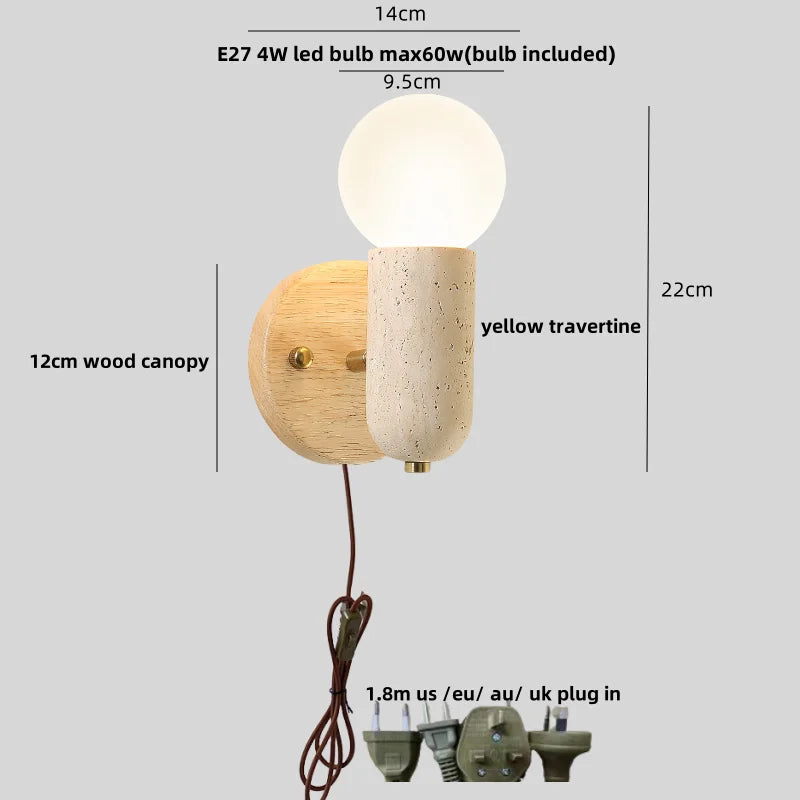 DecorBites™ LED Wall Light Fixture Yellow Travertine Stone Modern Bedside Lamp