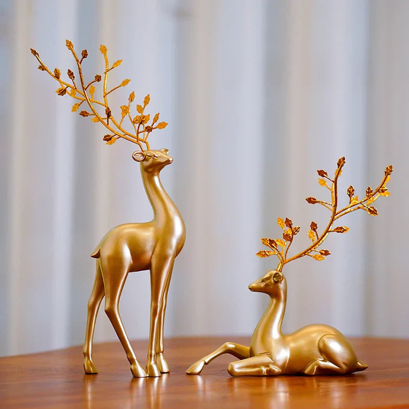 DecorBites™ Golden Deer Figurines: European Feng Shui Home Decor Sculptures