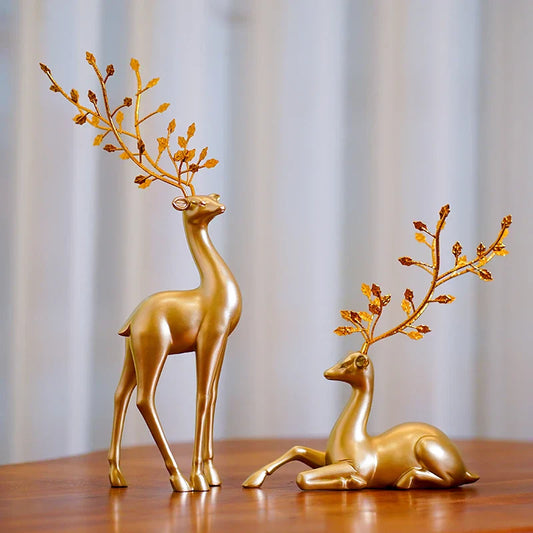 DecorBites™ Golden Deer Figurines: European Feng Shui Home Decor Sculptures