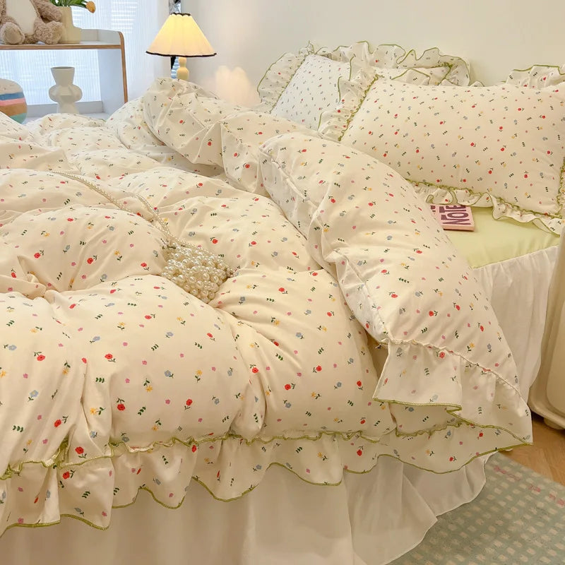 DecorBites™ Korean Princess Floral Print Bedding Set in Washed Cotton for Girls