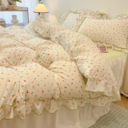 DecorBites™ Korean Princess Floral Print Bedding Set in Washed Cotton for Girls
