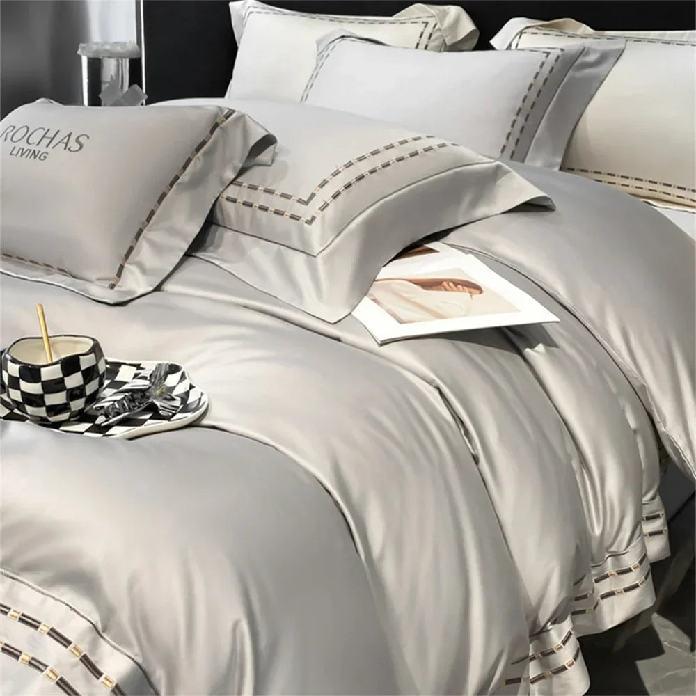 Decobites Nordic Silver Grey Embroidery 1000TC Egyptian Cotton Bedding Set - Queen King Size