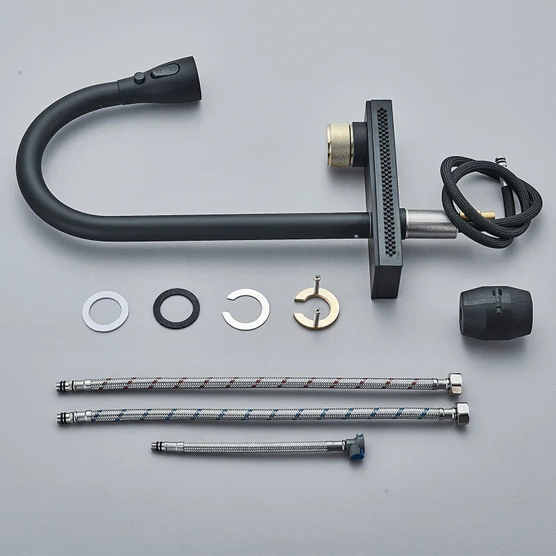 صنبور المطبخ الأسود DecorBites™: صنبور خلاط مرن قابل للسحب بثلاث فوهات