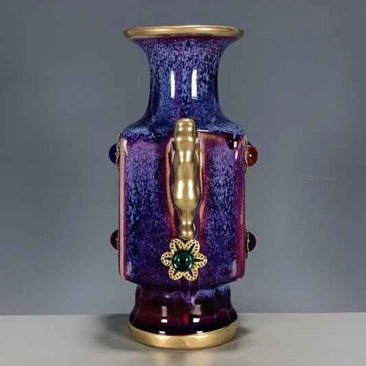 DecorBites™ Jun Porcelain Gilded Gemstone Inlaid Vase - Chinese Living Room Ornaments