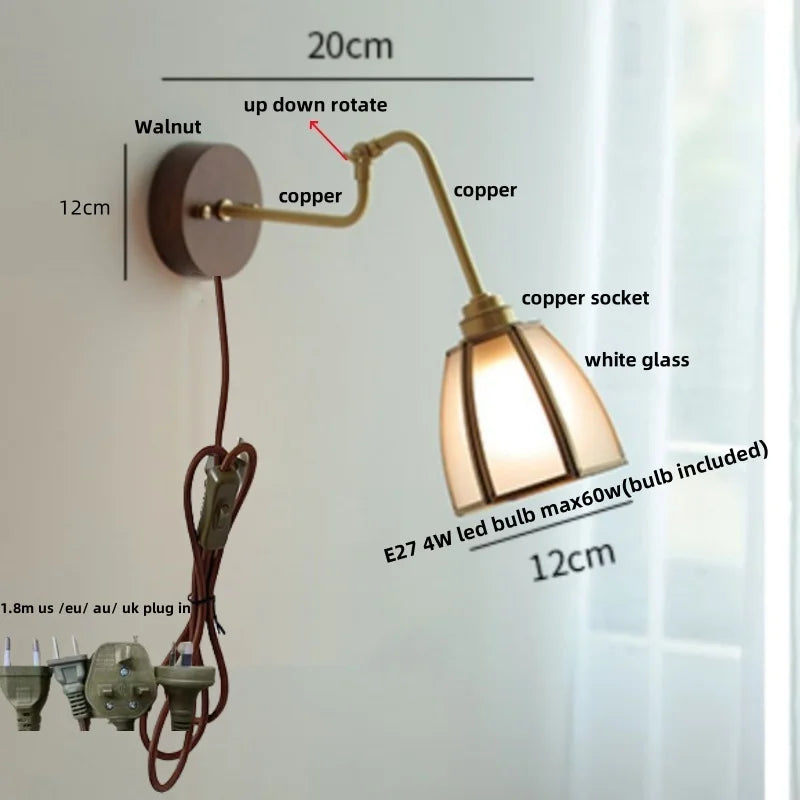 DecorBites™ Clear Glass LED Wall Sconce Pull Chain Switch Rotate Arm Walnut Wood Stair Light