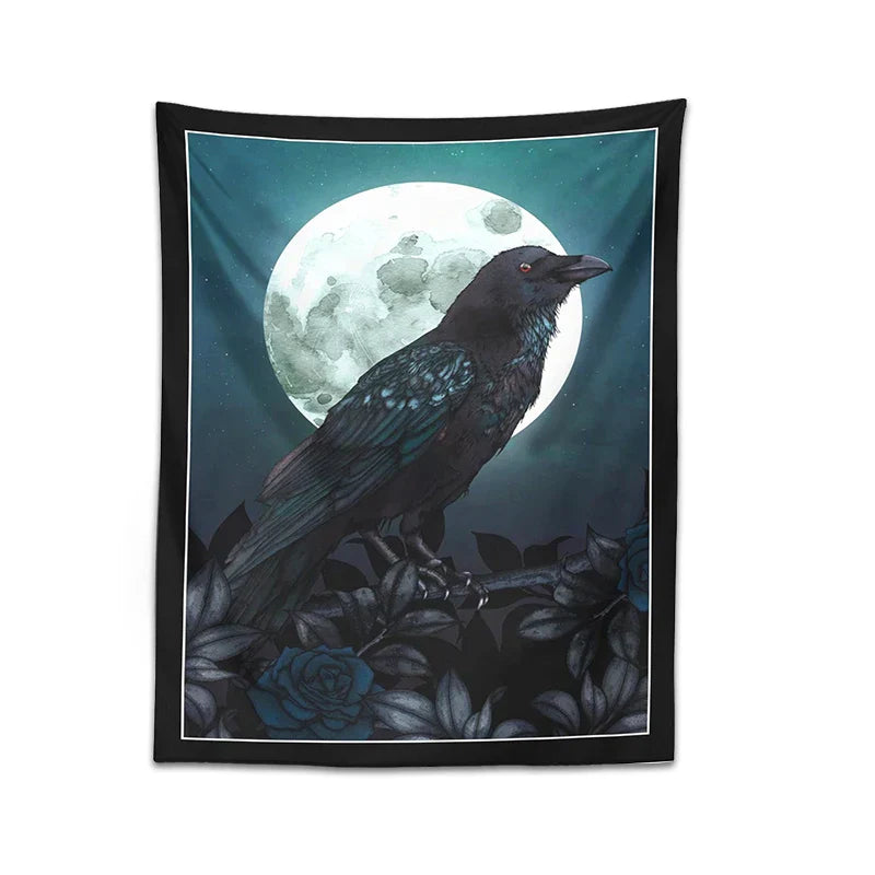 Decobites Raven & Moon Gothic Tapestry Wall Hanging for Dark Rose Bird Lover Room