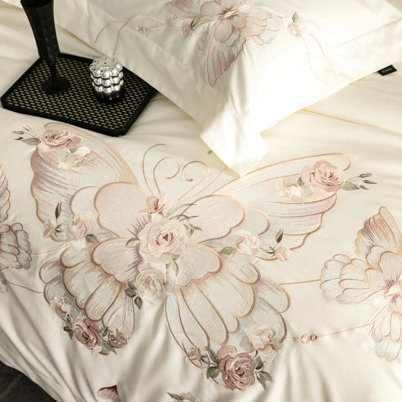 Decobites Luxe Butterfly Flowers Embroidery Bedding Set 800TC Egyptian Cotton Duvet Covers Sheets Pillowcases