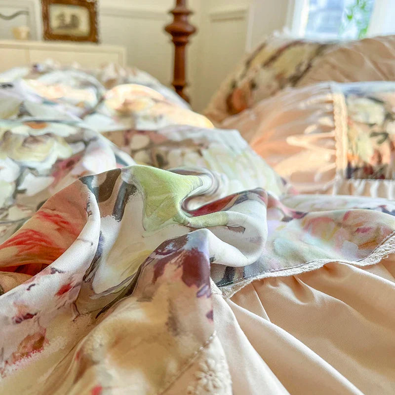 Decobites Vintage Floral Print Cotton Bedding Set with Ruffles & Pleats