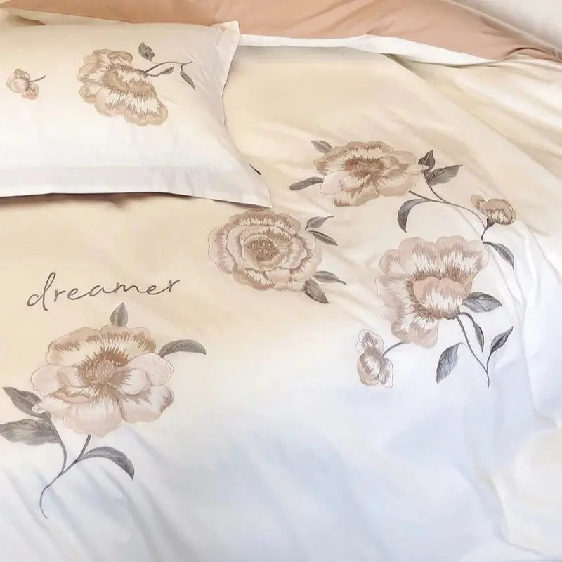 Decobites Flowers Embroidery Cotton Bedding Set Duvet Cover Flat Sheet Pillowcases 4Pcs