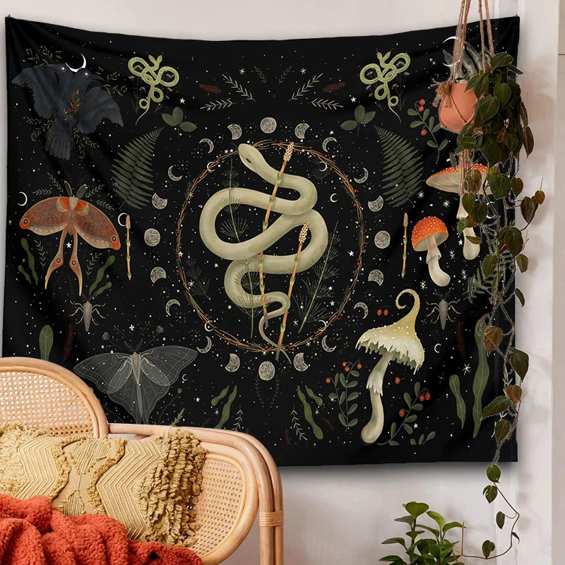 DecorBites™ Botanical Witchy Tapestry: Hanging Boho Room Decor with Mushrooms and Snakes