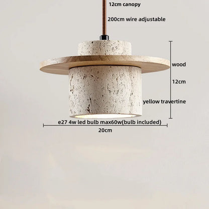 DecorBites™ LED Pendant Light: Japanese Style, Yellow Travertine Wood, Adjustable Hanging Lamp.