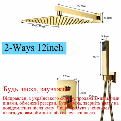 مجموعة دش الحمام الذهبية DecorBites™ مع رأس دش مطري مربع وحنفيات خلاط مخفية