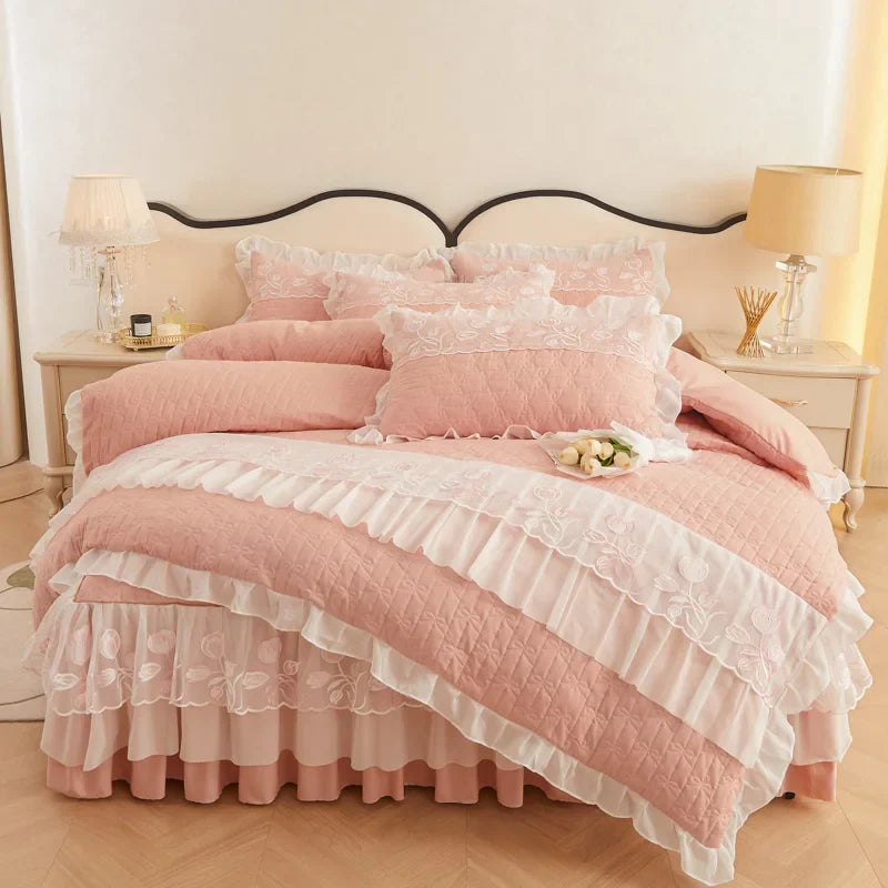 Decobites Quilted Embroidery Bedding Set with Lace Ruffles, Duvet Cover, Bed Skirt - Various Colors