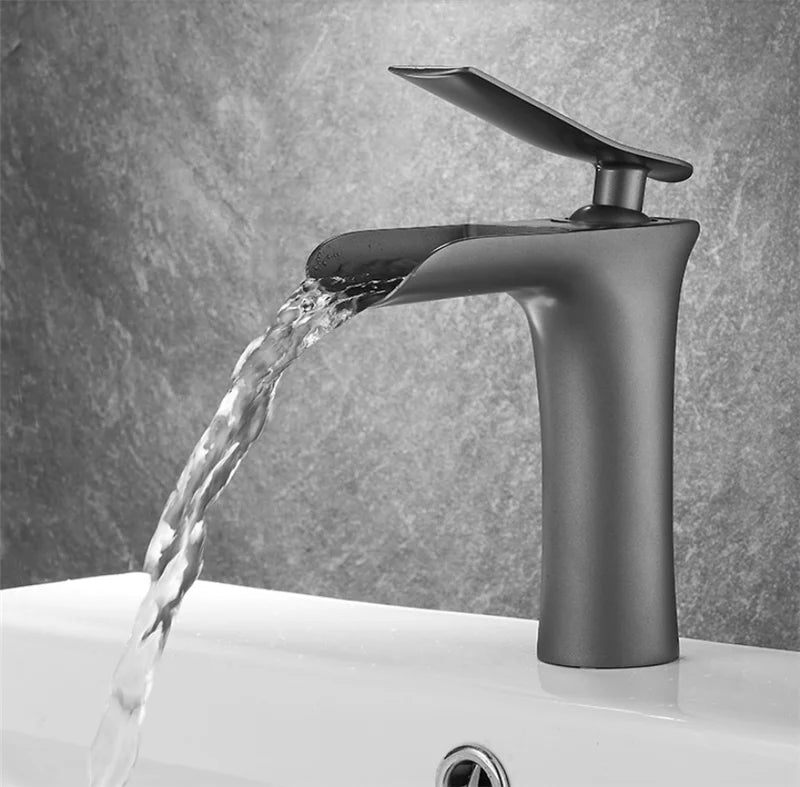 DecorBites™ Grey Waterfall Brass Basin Faucet - Hot Cold Mixer Tap for Bathroom Sink
