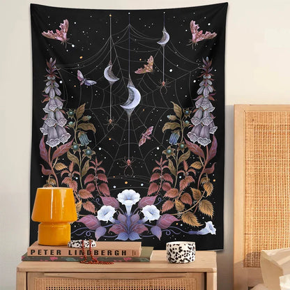 Decobites Witch Garden Tapestry Wall Hanging Moon Moth Tarot Psychedelic Decor