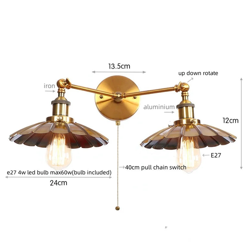 DecorBites™ Industrial Retro LED Wall Lamp with Two Heads and Pull Chain Switch