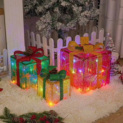 New Christmas Gift Box with LED Light String Warm Light Three-piece Christmas Holiday Props Decoration Room Decoration Lights