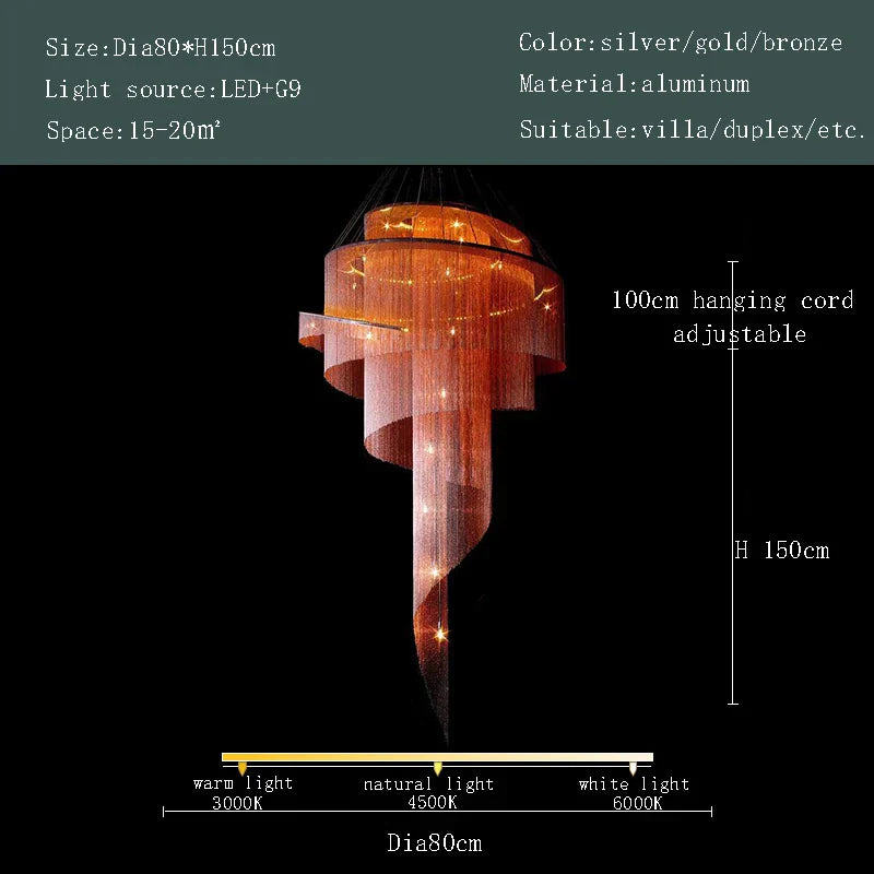Lámpara de araña LED DecorBites™ con borla dorada para techos altos: iluminación elegante para la decoración del hogar.