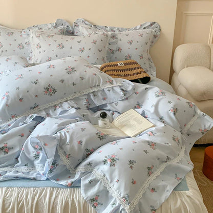 DecorBites™ Lace Ruffles Floral Velvet Patchwork Duvet Cover Bedding Set