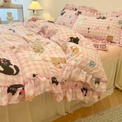 DecorBites™ Korean Princess Floral Print Bedding Set in Washed Cotton for Girls