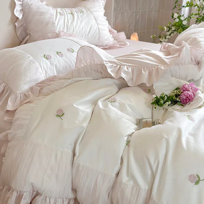 Decobites Rose Embroidery Lace Ruffles Bedding Set 1000TC Egyptian Cotton Duvet Cover Flat Sheet