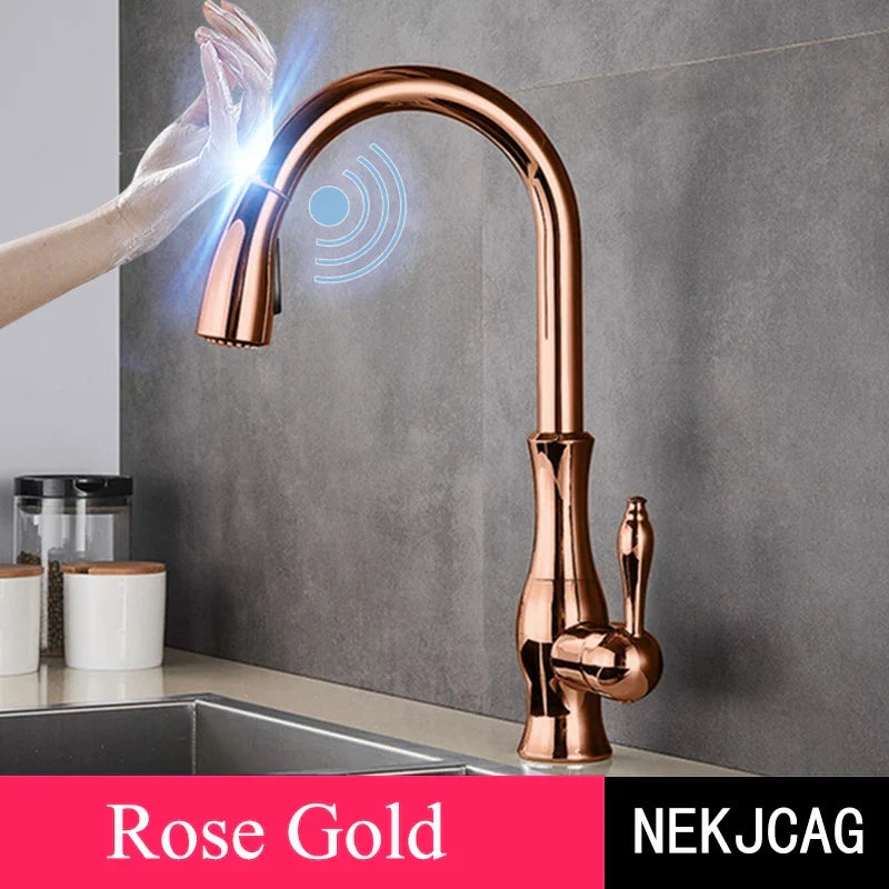 DecorBites™ Gold Sensor Kitchen Faucet Pull Out Touch Control Mixer Tap Sink Crane