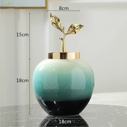 DecorBites™ Gradient Ceramic Vase with Golden Leaves Cover for Modern Home Decor and Weddings