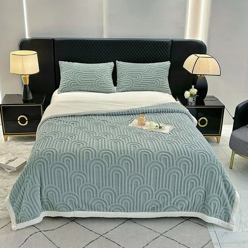 DecorBites™ Double Layered Flannel Arch Jacquard Plush Blanket - Warm & Cozy Coral Fleece Quilt