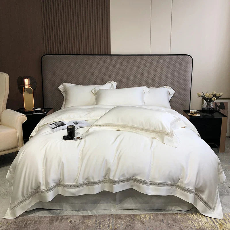 DecorBites™ Eucalyptus Lyocell Luxury Bedding Set in White Champagne Grey Pink