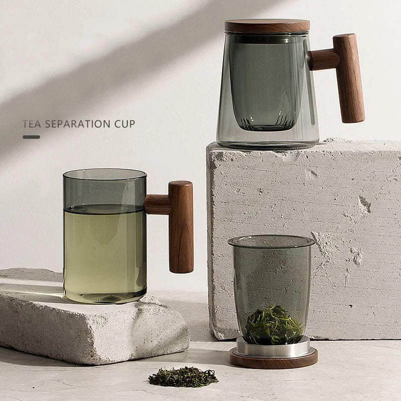 Juego de tazas de té de vidrio DecorBites™ con asa de madera para té Pu-erh, estilo Kung Fu, resistentes al calor