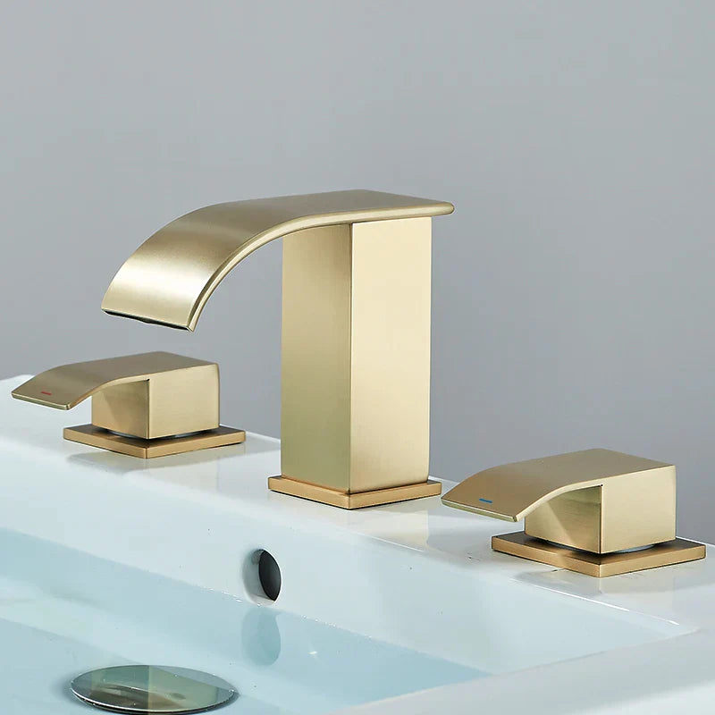 DecorBites™ Brushed Gold Black Dual Handle Waterfall Bathroom Sink Faucet, Deck Mounted