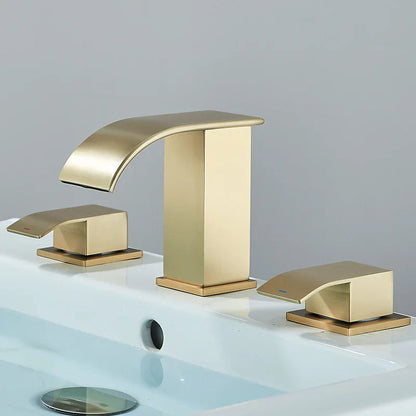 DecorBites™ Brushed Gold Black Dual Handle Waterfall Bathroom Sink Faucet, Deck Mounted
