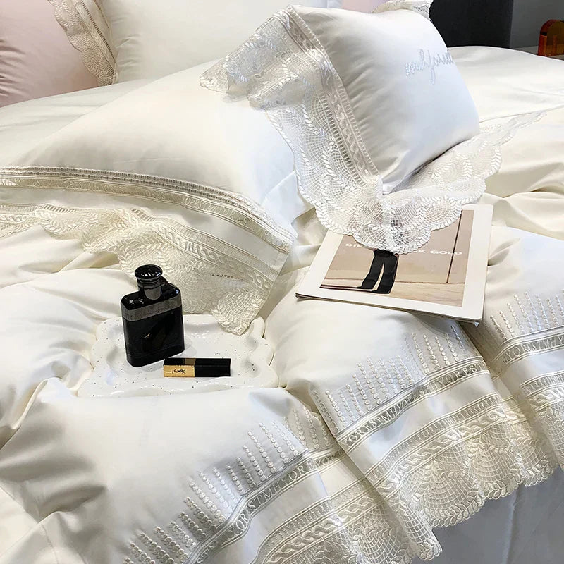 DecorBites™ Lace Ruffle Bedding Set, 1000TC Egyptian Cotton, Luxury Princess Style