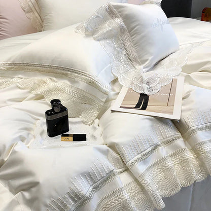 DecorBites™ Lace Ruffle Bedding Set, 1000TC Egyptian Cotton, Luxury Princess Style
