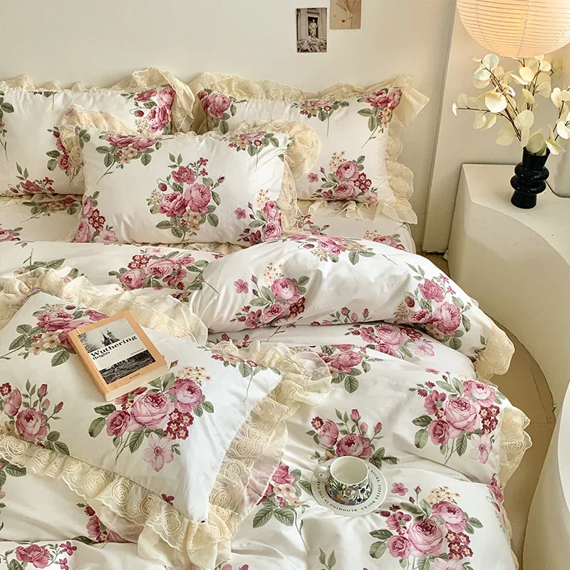 Decobites Vintage Rose Floral Double Layer Lace Ruffles 100% Cotton Bedding Set