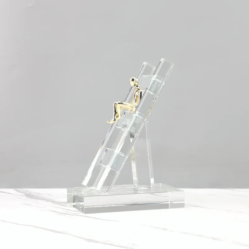 DecorBites™ Crystal Staircase Statue: Golden Man Climbing Handicrafts Glass Home Decor