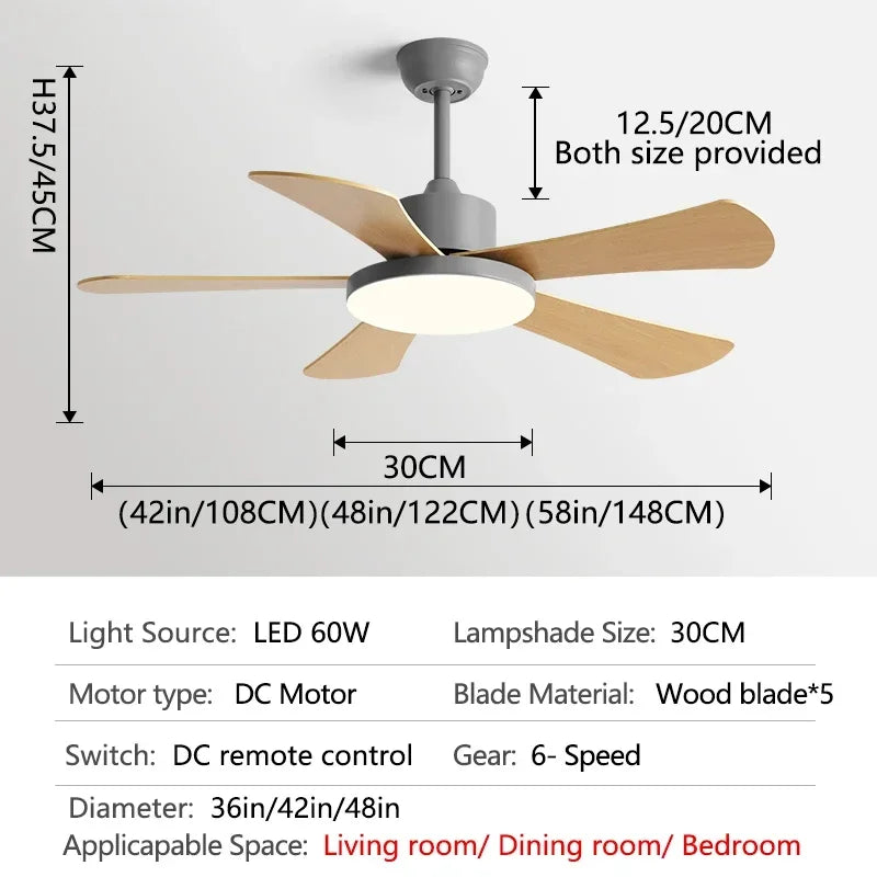 مروحة سقف DecorBites™ مقاس 48 بوصة لغرفة النوم والمطعم مزودة بخمس شفرات خشبية، ومحرك تيار مستمر، وإضاءة LED، وجهاز تحكم عن بُعد