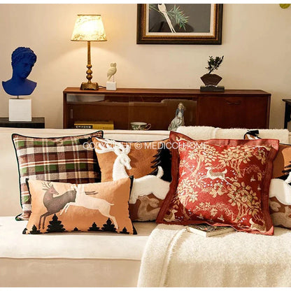 DecorBites™ Handmade Reindeer Applique Embroidery Christmas Cushion Cover - Festive Xmas Holiday Decor